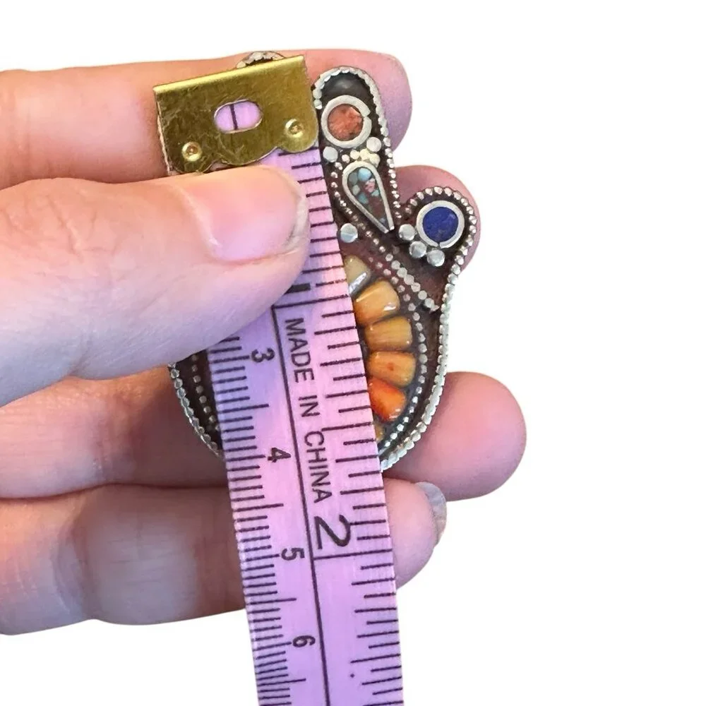 Large Southwestern Silver Tone Hamsa Hand Ring Turquoise Lapis Coral Size 8.5‎